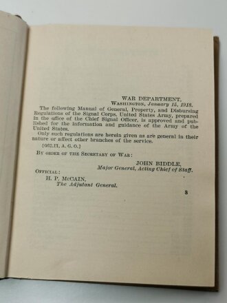 U.S. WWI, Manual No. 7, General, Property, and Disbursing Regulations U.S. Signal Corps, U.S. 1917 dated