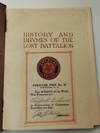 U.S. WWI related, History and Rhymes of the lost Battalion, U.S. 1919 dated