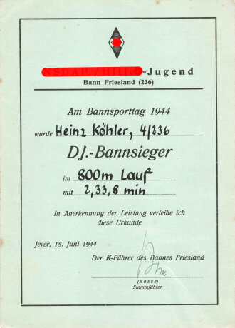 NSDAP./ Hitlerjugend, Bann Friesland (236) Urkunde am...