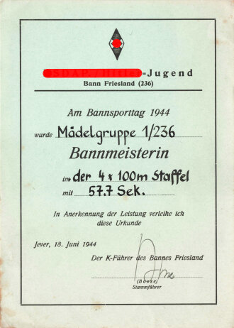 NSDAP./ Hitlerjugend, Bann Friesland (236) Urkunde am Bannsporttag 1944 für eine Mädelgruppe 1/236 Bannmeisterin in der 4x100m Staffel