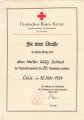 Deutsches Rotes Kreuz, Urkunde für die Auszeichnungsborte nach 20 treuen Dienstjahre eines Helfers aus Celle, datiert 1954, DIN A4