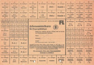 Lebensmittelkarte für Fliegergeschädigte, Ernährungsamt Solingen, 2 Bögen, Rückseitig mit Hausplänen beschriftet