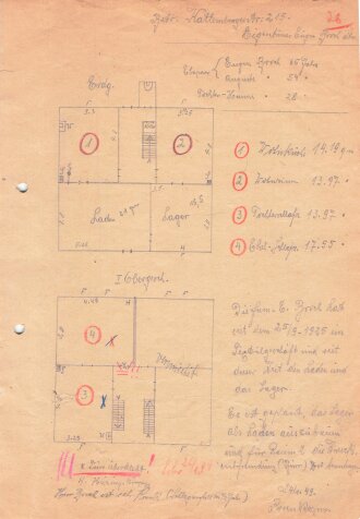 Lebensmittelkarte für Fliegergeschädigte, Ernährungsamt Solingen, 2 Bögen, Rückseitig mit Hausplänen beschriftet