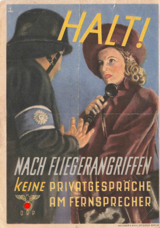 Hinweis Deutsche Reichsport (DRP): Halt! Nach Fliegerangriffen keine Privatgespräche am Fernsprecher. 10,5 x 15cm