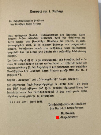 "Amtliches Unterrichtsbuch über Erste Hilfe", 263 Seiten, 2. Auflage 1938, gebraucht, DIN A5