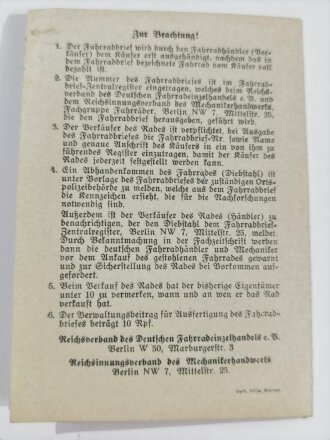 "Fahrradbrief" blanko, 30/40 Jahre