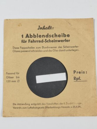 Abblendscheibe für Fahrrad-Scheinwerfer in Originalverpackung, gemäß Verdunklungsverordnung vom 23.5.39