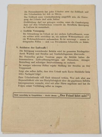 Luftgaukommando Belgien-Nordfrankreich II B "Merkbatt für das Verhalten der Luftwaffen-Angehörigen auf Urlaub", DIN A5