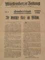 Württemberger Zeitung, Sonderblatt "Die deutsche Note an Wilson" Nr. 1, 21. Oktober 1918, geknickt, über DIN A4