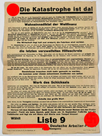 Fluggblatt der Hitler Bewegung"Die Katastrophe ist da!", geknickt, über DIN A4