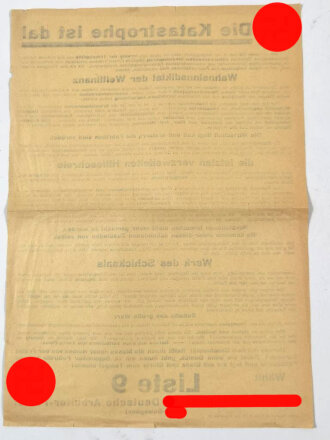 Fluggblatt der Hitler Bewegung"Die Katastrophe ist da!", geknickt, über DIN A4