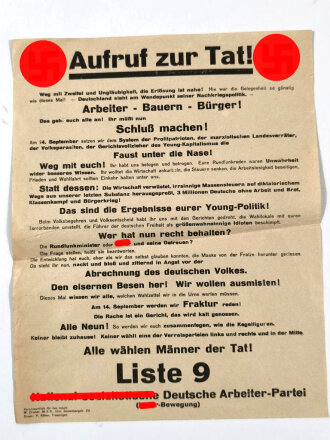 Fluggblatt der Hitler Bewegung "Aufruf zur Tat!", geknickt, über DIN A4