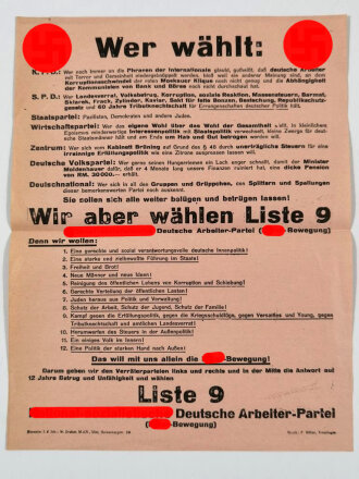 Fluggblatt der Hitler Bewegung "Wir aber wählen Liste 9", geknickt, über DIN A4