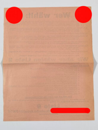 Fluggblatt der Hitler Bewegung "Wir aber wählen Liste 9", geknickt, über DIN A4