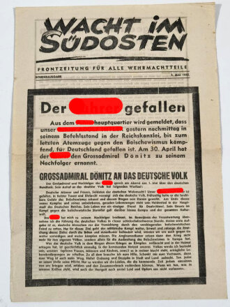 Wacht im Südosten, Frontzeitung für alle Wehrmachtteile,  Sonderausgabe 2. Mai 1945, "Der Führer gefallen"