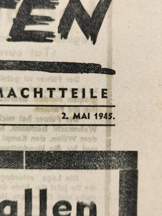 Wacht im Südosten, Frontzeitung für alle Wehrmachtteile,  Sonderausgabe 2. Mai 1945, "Der Führer gefallen"