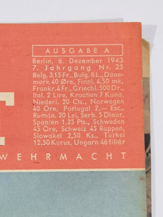 Die Wehrmacht "Einer von der Hornisse ", Ausgabe A, Heft Nr. 25, 8. Dezember 1943, Titelseite fast gelöst