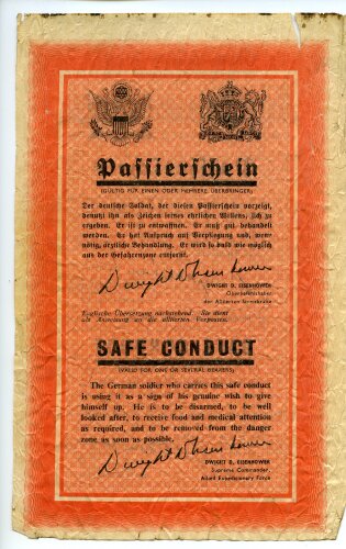 USA/England 2. Weltkrieg, "Safe Conduct - Passierschein", Flugblatt US/GB-ZG90K-1944, stark gebraucht