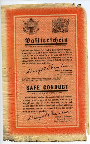 USA/England 2. Weltkrieg, "Safe Conduct - Passierschein", Flugblatt US/GB-ZG90K-1944, stark gebraucht