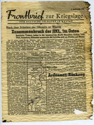 USA 2. Weltkrieg "Frontbrief zur Kriegslage-Für Deutsche Soldaten im Westen" 4. Januarwoche 1945 Flugblatt A7-C17, stark gebraucht, aus Propaganada Rakete