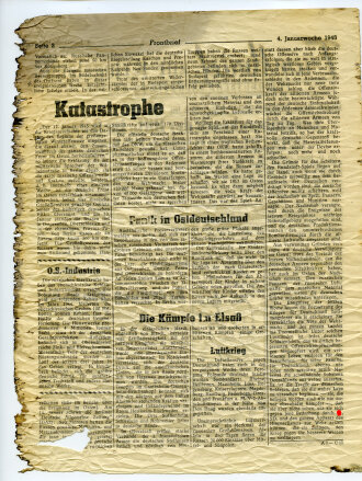 USA 2. Weltkrieg "Frontbrief zur Kriegslage-Für Deutsche Soldaten im Westen" 4. Januarwoche 1945 Flugblatt A7-C17, stark gebraucht, aus Propaganada Rakete