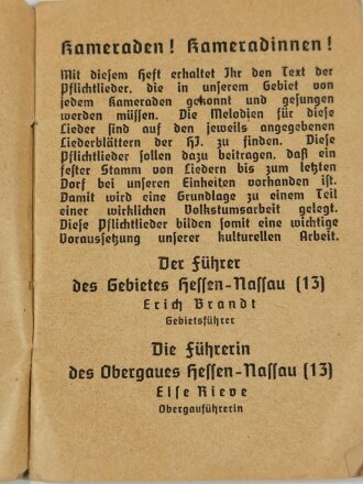 "Pflichtlieder der Hitler-Jugend" herausgegeben von der Kulturabteilung des Gebietes und des Obergaues Hessen-Nassau (13), 30 Seiten, Din A6
