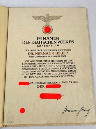 Hermann Göring, eigenhändige Unterschrift auf großformatiger Ernennungsurkunde zum ordentlichen Professor, datiert 1943. Guter Zustand, in der eierschalfarbenen Mappe