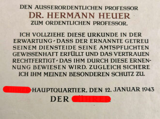 Hermann Göring, eigenhändige Unterschrift auf großformatiger Ernennungsurkunde zum ordentlichen Professor, datiert 1943. Guter Zustand, in der eierschalfarbenen Mappe