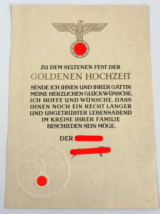 Glückwunsch Urkunde zur " Goldenen Hochzeit " mit gedruckter Unterschrift von Adolf Hitler.  Mit Versandumschlag und Anschreiben , datiert 1943