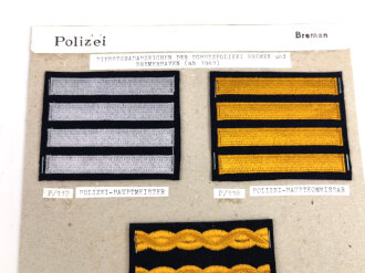 Konvolut an Dienstgradabzeichen der Polizei Bremen, alle auf Karton getackert