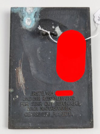 Gußplakette Bildnis Adolf Hitler mit Sinnspruch " Die Voraussetzung zur Tat ist der Wille und der Mut zur Wahrhaftigkeit" 9,5 x 14cm. Die Vorderseite unter der Abdeckung zu etwa 30% oxidiert wie die Rückseite