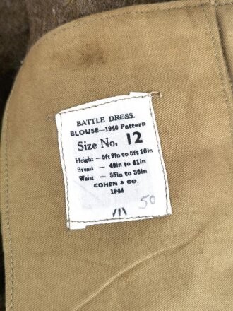 British 1944 dated Battle Dress Blouse, Size 12. Very good condition