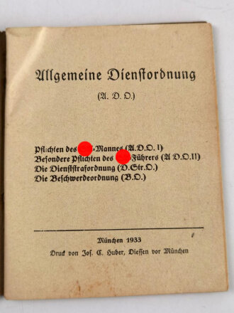 Allgemeine Dienstordnung für die SA der NSDAP, datiert 1933 mit 63 Seiten