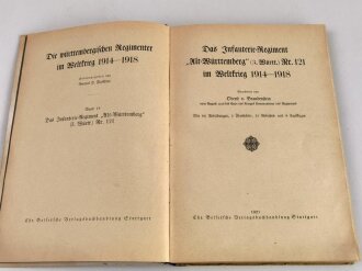 "Das Infanterie-Regiment "Alt-Württemberg" (3.Württ.) Nr. 121 im Weltkrieg 1914-18", Stuttgart, 1921, 141 Seiten, 5 Übersichts- u. 21 Gefechtsskizzen