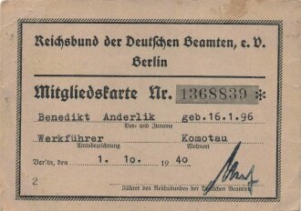 Reichsbund der Deutschen Beamten e.V. Berlin, Mitgliedskarte eines Angehörigen aus Komotau,  datiert 1940