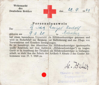 Personalausweis für einen Hilfskrankenträger der Wehrmacht