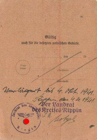 Passierschein für die Grenze der Ostgebiete einer Frau aus Rippin, datiert 1940 ausgestellt von Polizeidirektion Regensburg