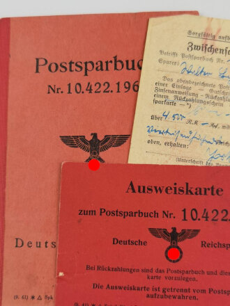 Postsparbuch, Deutsche Reichspost, Eintragungen datiert 1943-1945 mit Ausweiskarte und Zwischenschein