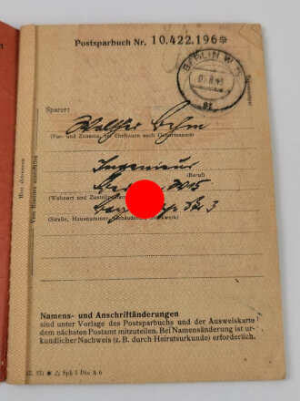 Postsparbuch, Deutsche Reichspost, Eintragungen datiert 1943-1945 mit Ausweiskarte und Zwischenschein