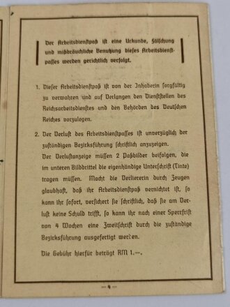 RAD Reichsarbeitsdienst, Arbeitsdienst für die weibliche Jugend, Arbeitsdienstpaß (Arbeitsdienstzeugnis) , datiert 1938