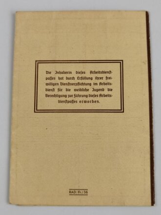 RAD Reichsarbeitsdienst, Arbeitsdienst für die weibliche Jugend, Arbeitsdienstpaß (Arbeitsdienstzeugnis) , datiert 1938