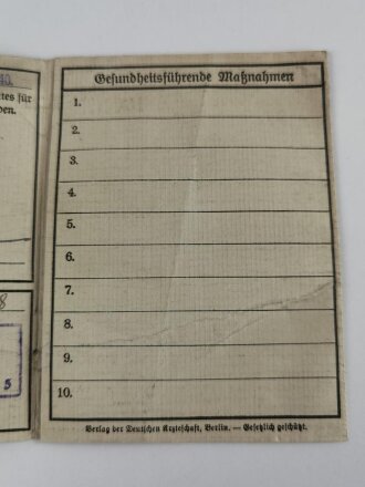 Gesundheitspaß Amt für Volksgesundheit der NSPAD Nürnberg.Aachen, datiert 1940