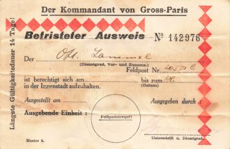 Befristeter Ausweis, "Der Kommandant von Gross-Paris", mehrfach geknickt