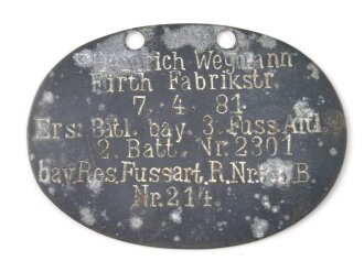 1.Weltkrieg Erkennungsmarke eines Angehörigen Bayrisches Fuss Artillerie Regiment 3