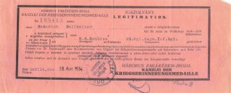 Ausweis über die Verleihung der Kriegserinnerungsmedaille mit Schwertern , dazu Legitimation über die Verleihung der ungarischen Kriegserinnerungsmedaille