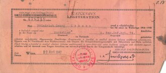 Besitzzeugnis über die Verleihung der österreichischen Erinnerungsmedaille sowie Legitimation über die Verleihung der Ungarischen Kriegserinnerungsmedaille an einen Angehörigen im Inf, Rgt.74