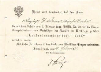 Österreich , Verleihungsurkunde für die "Landesdenkmünze 1914 - 1918" , datiert 1931