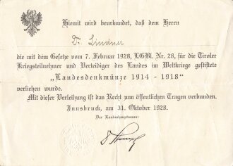 Österreich , Verleihungsurkunde für die "Landesdenkmünze 1914 - 1918" , datiert 1928