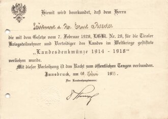 Österreich , Verleihungsurkunde für die "Landesdenkmünze 1914 - 1918" , datiert 1933