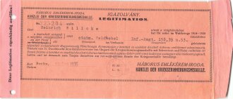 Verleihungsurkunde für die ungarische Kriegserinnerungsmedaille an einen Angehörigen Infanterie Regiment 158
